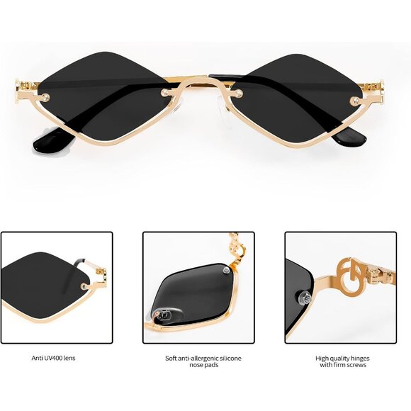 Unisex Retro Y2K Sunglasses Gold Frame Gray Lens UV400 Semi-Rimless - Picture 5 of 9
